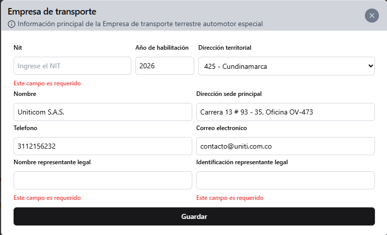 Formulario Empresa de transporte con NIT, ano de habilitacion, direccion territorial, datos de contacto y representante legal