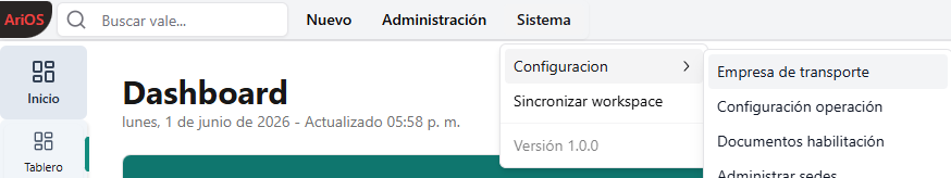 Menu Administracion con la opcion Empresa de transporte