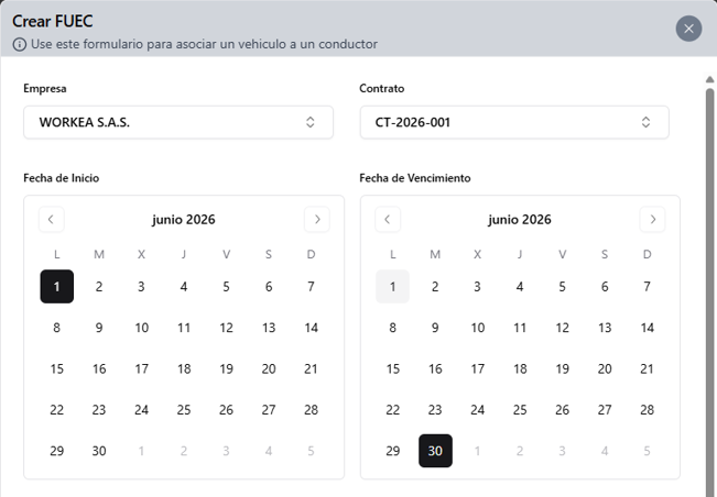Formulario Crear FUEC con empresa, contrato y fechas