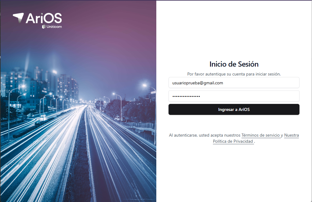 Pantalla de inicio de sesion de AriOS