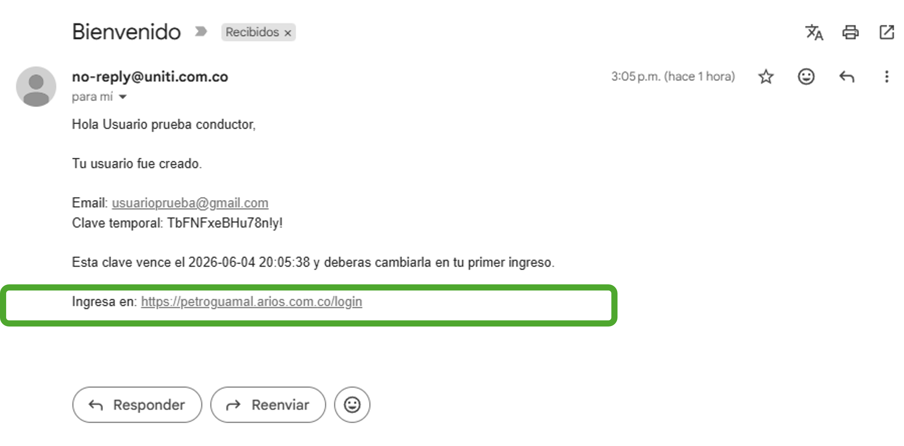 Enlace de acceso en el correo de AriOS