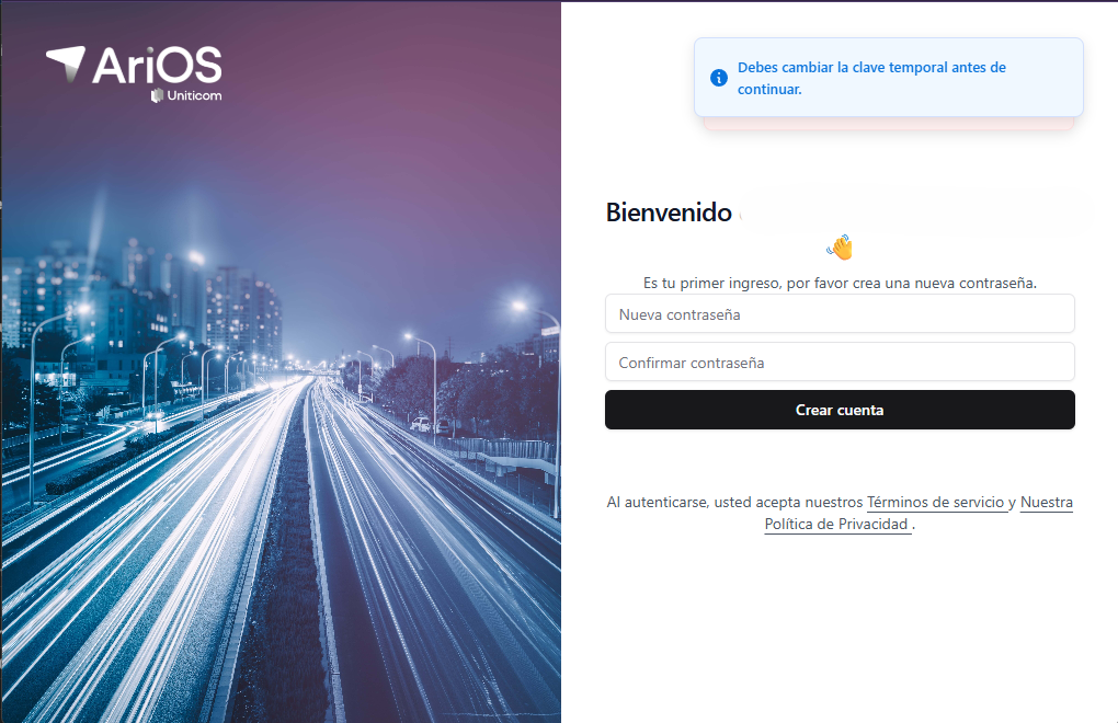 Pantalla para crear nueva contrasena en AriOS