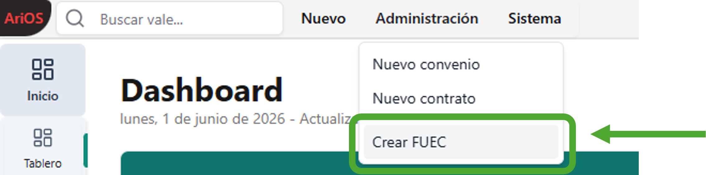 Menu Administracion con la opcion Crear FUEC