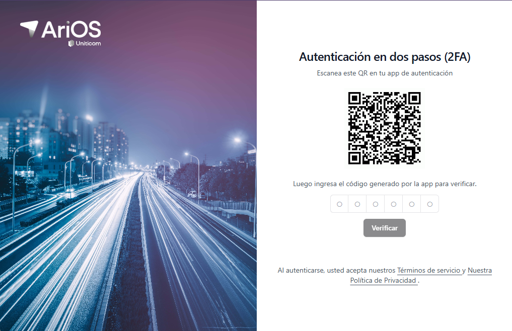 Pantalla de autenticacion en dos pasos de AriOS